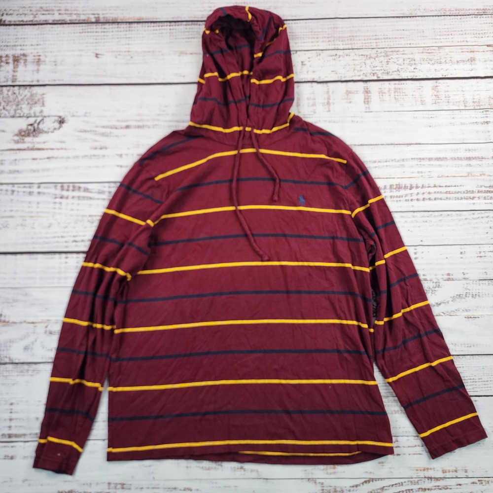 Polo Ralph Lauren Mens Striped‎ Jersey Hooded T-Shirt Burgundy Yellow L